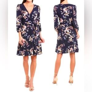 NWT NEW Eliza J Women’s Dress Size 2 Navy Floral Pattern Faux Wrap 3/4 Sleeves